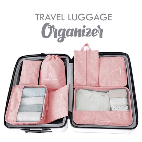 7 Pieces Travel Waterproof Luggage Organizer Clothes Storage Bag - Pink - LatestGadget