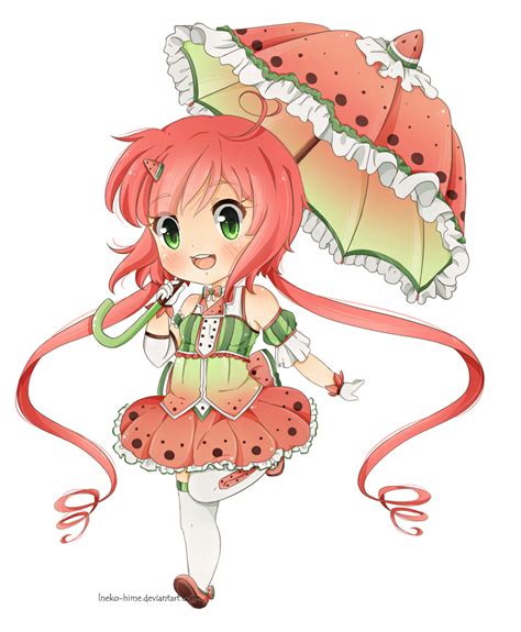 .Miss Watermelon. by lNeko-Hime.deviantart.com Kawaii Doodles, Kawaii Chibi, Cute Anime Chibi ...