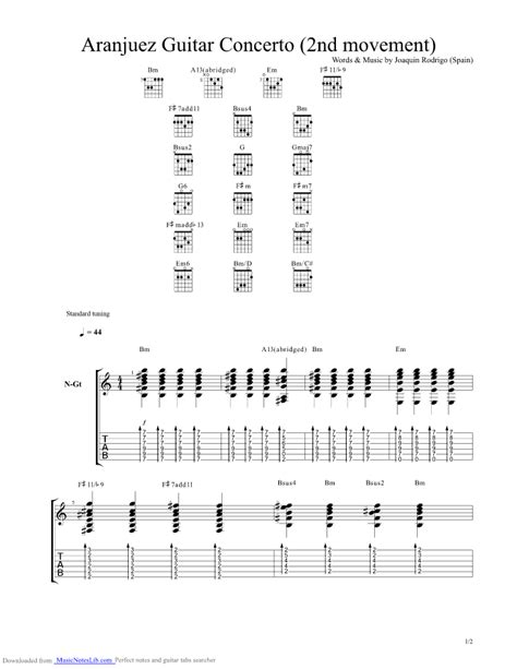 Aranjuez Guitar Concerto 2nd movement guitar pro tab by Rodrigo @ musicnoteslib.com