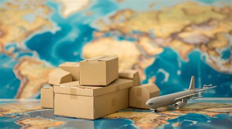 Premium Photo | A model airplane sits on a world map next to a stack of cardboard boxes The ...