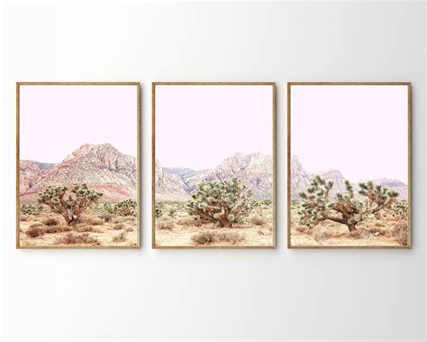 three framed photographs of desert landscape with mountains in the ...