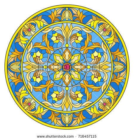 Illustration in stained glass style, round mirror image with floral ornaments and swirls ...