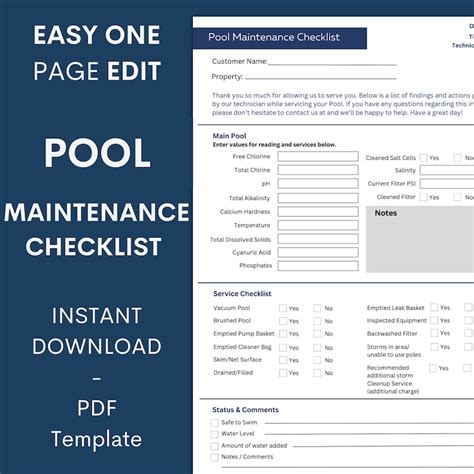 Pool Cleaning Checklist Template Simple Digital PDF Efficient Pool Maintenance Residential Pool ...