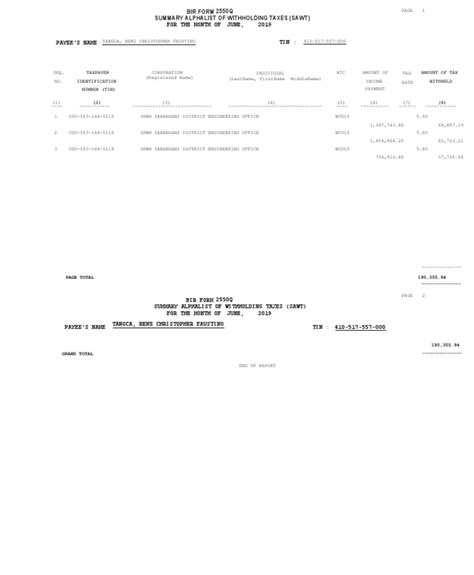 Bir Form 2550Q Summary Alphalist of Withholding Taxes (Sawt) | PDF | Withholding Tax | Economy ...