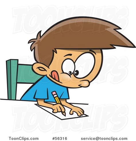 Cartoon Focused Brunette White Boy Writing at a Desk