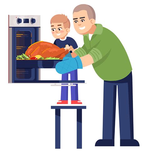 Dad and son baking whole chicken semi flat RGB color vector ...