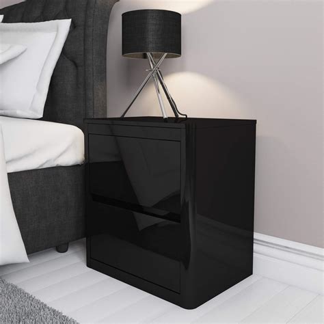 Black High Gloss Bedside Table 2 Drawer Cabinet Chest Bedroom Furniture ...