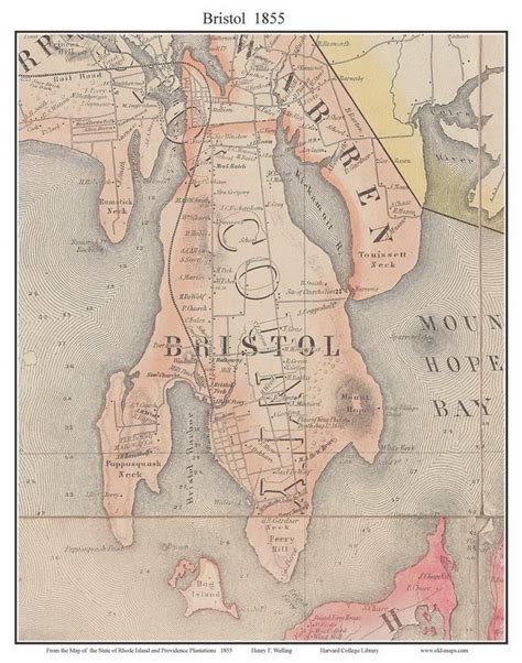 Bristol, Rhode Island 1855 - Old Town Map Custom Print - 1855 State - OLD MAPS