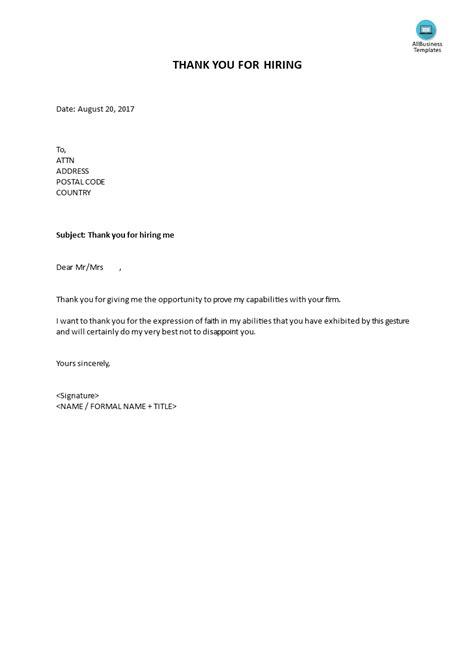 Thank you for hiring - How to write a Thank you for hiring? Download this Letter to employer ...