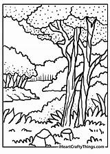A coloring Page With Trees And Rocks In The Background sketch template