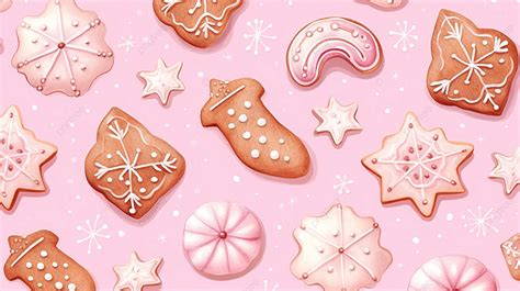 Cute Romantic Christmas Cookies Seamless Pattern Watercolor On Pink Background, Christmas ...
