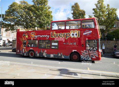 Liverpool open top sightseeing tour bus waiting for passengers on the ...