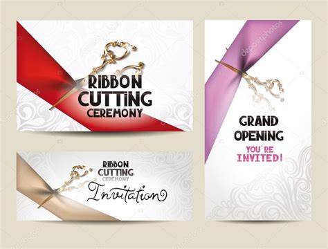 Ribbon cutting ceremony invitation cards with scissors and silk ribbons ...