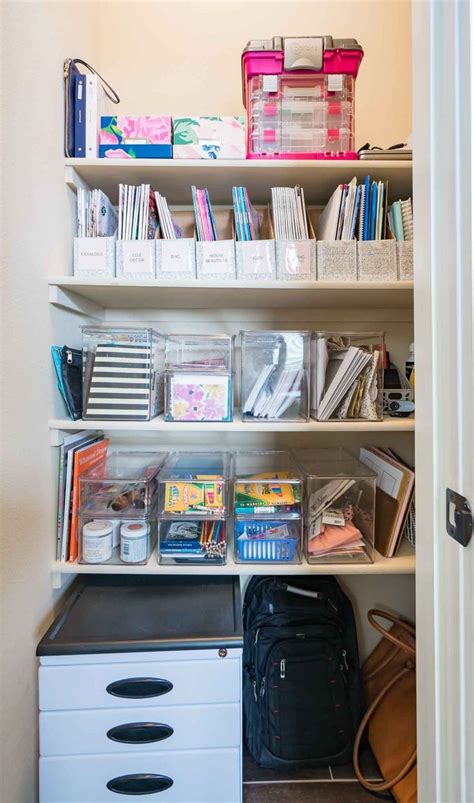 How to Organize a Home Office - This organized closet holds office supplies, ma… | Office supply ...