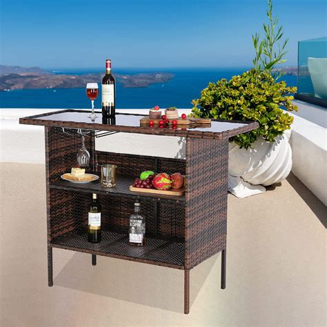 Buy Furnivilla Outdoor Bar Table Patio Rattan Wicker Bar Table with Glass Top Table,Outdoor ...