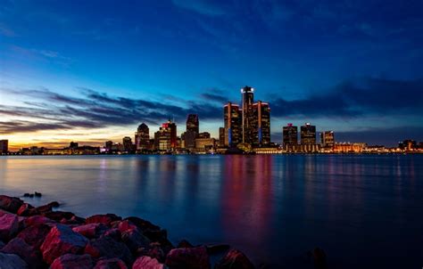 Wallpaper river, stones, building, home, Michigan, night city ...