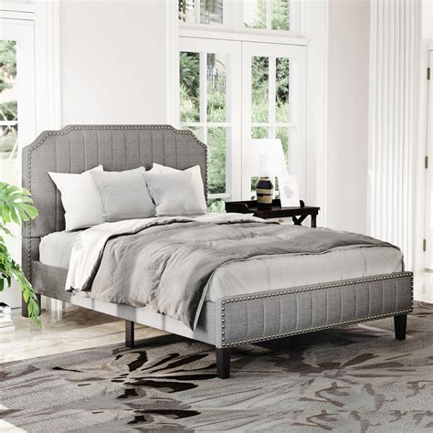 Full Size Upholstered Platform Bed Frame with Headboard, Modern Linen Curved Wood Bed with ...