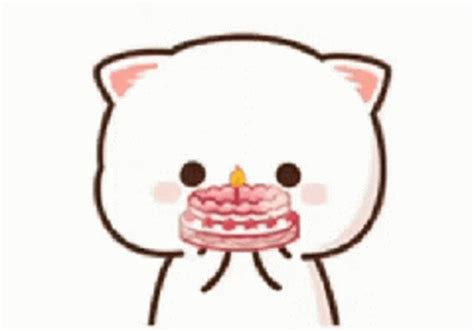 a white cat with a pink cake in its mouth