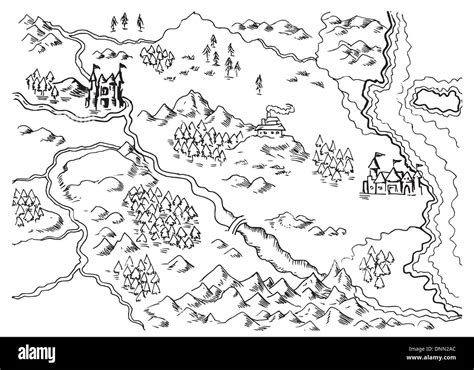 illustration drawing of a map of a fantasy land showing rivers, mountain range,trees,forest ...