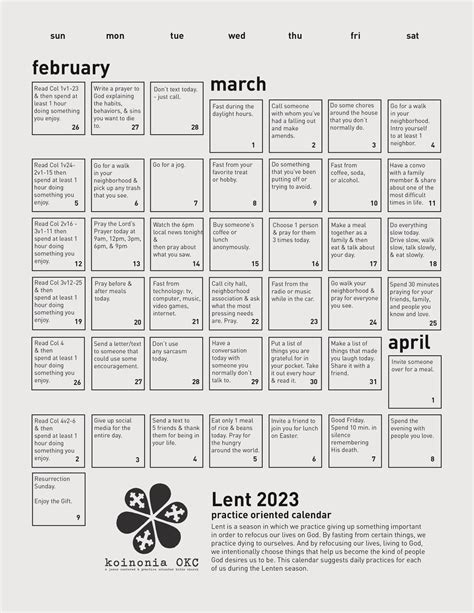 LENT 2023 – Daily Practices Calendar