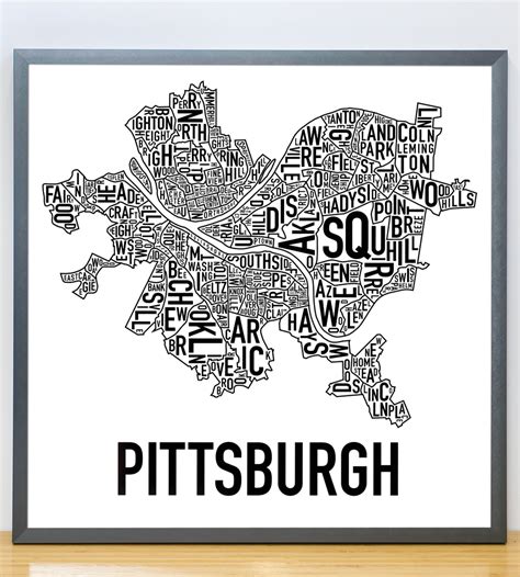 Pittsburgh Neighborhood Map 18" x 18" Classic Black & White Poster