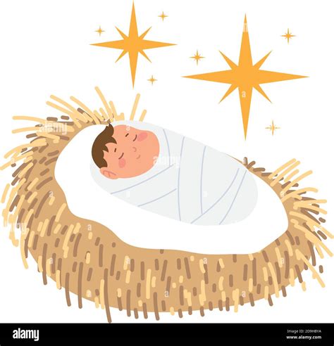 nativity, manger cute baby jesus in the crib cartoon vector ...