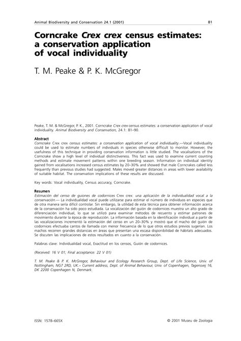 (PDF) Corncrake Crex crex census estimates: A conservation application of vocal individuality