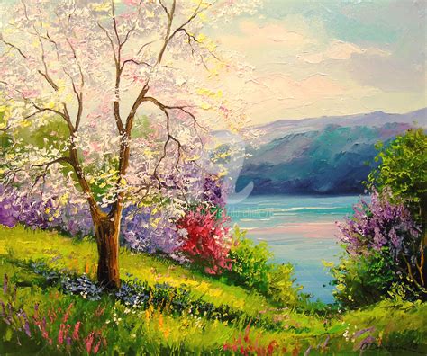 Blooming Apple tree on the river Bank Painting by Olha | Artmajeur