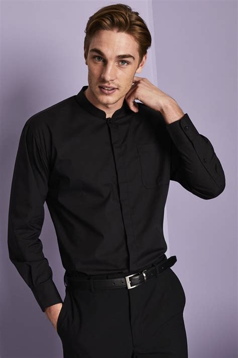 Men's Long Sleeve Mandarin Collar Shirt, Black | Simon Jersey