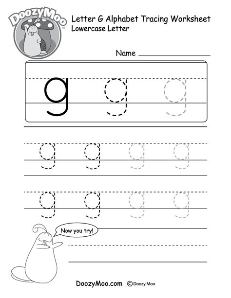 Lowercase Letter "g" Tracing Worksheet - Doozy Moo