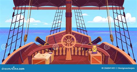 Ship Deck View With A Steering Wheel, Canons And A Mast. Pirate Game ...