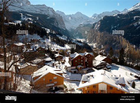 Wengen Chalets in Wengen looking up the Lauterbrunnen valley ...