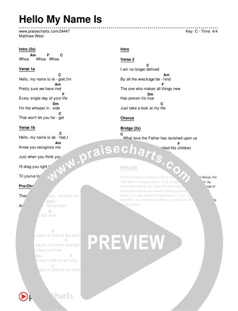 Hello My Name Is Chords PDF (Matthew West) - PraiseCharts