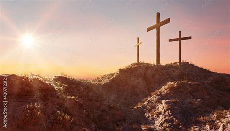 Stockfoto Crucifixion and Resurrection. Three crosses of Golgotha by ...