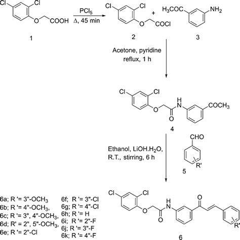 Synthesis of 2,4-dichlorophenoxyacetamide chalcone hybrids (6a–6k ...