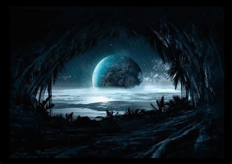 an alien planet with palm trees in the foreground, and a blue moon in the background