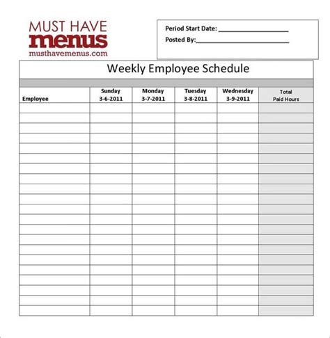 Restaurant Employee Schedule Template | Card Template