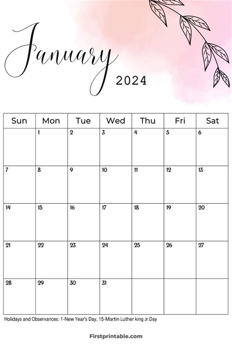 January 2024 Calendar With Holidays | Free Printable | Floral | Best 35 Templates | February ...