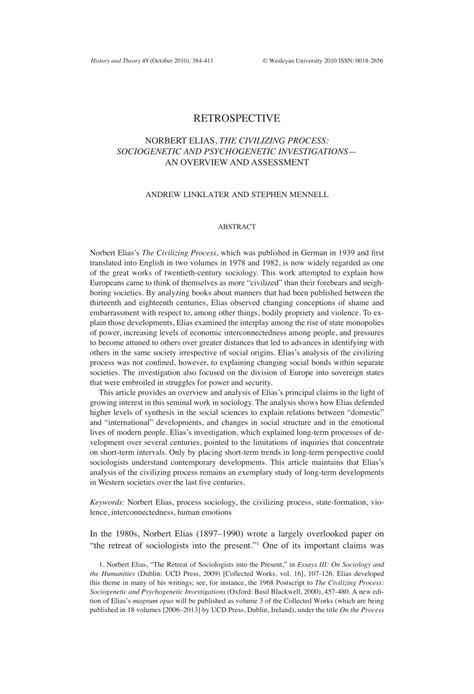 (PDF) Norbert Elias, The Civilizing Process: Sociogenetic and ...