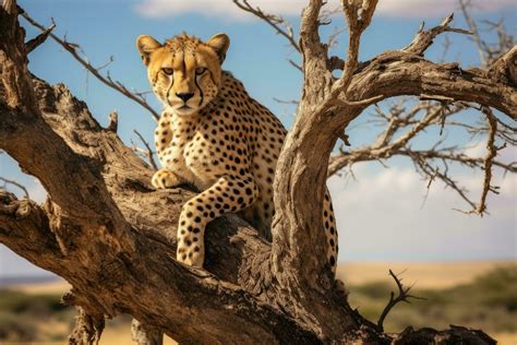 Cheetah sits on a tree in the savannah of Namibia, Cheetah on a tree in ...