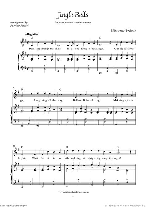 Jingle Bells sheet music for piano, voice or other instruments | Piano ...