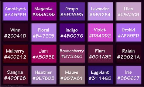 Shades of Purple & Names with HEX, RGB Color Codes