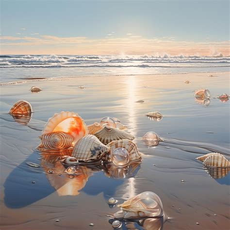 Premium AI Image | illustration of Glassy beach horizon sea shells