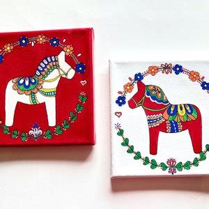 Dala Horses Paintings 6 X 6 Inch Canvas Acrylic Art Choose White or Red Swedish Dala Horse ...