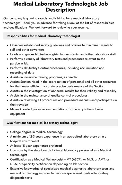 Medical Laboratory Technologist Job Description | Velvet Jobs