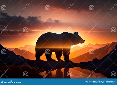 Silhouette of a Brown Bear Against the Backdrop of a Sunset in the Mountains Realistic ...