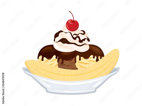 Banana split ice cream boat sundae icon vector. Ice cream sundae with ...