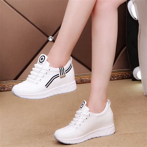 Women Sneakers Fashion White Hidden Wedge Heels Casual Shoes PU Leather Lace Up Ladies Spring ...