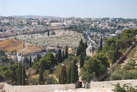 an aerial view of the old city and its surrounding hills, with trees in ...