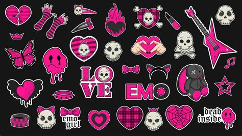 Set of trendy emo stickers in black and acid pink colors. Emo ...